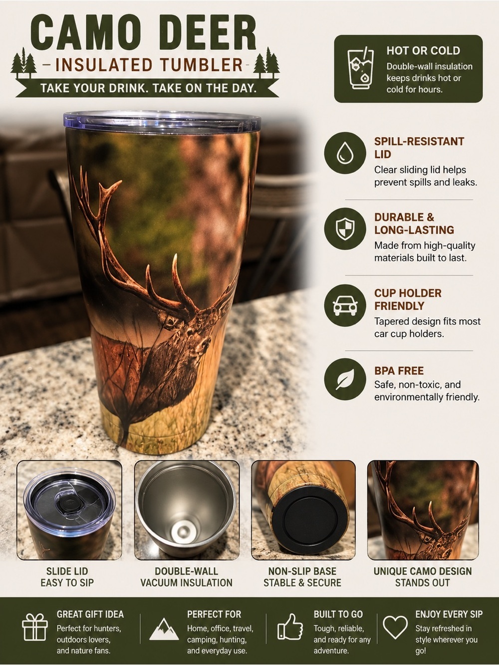 Hand Crafted Brown Deer Antler Travel Tumbler